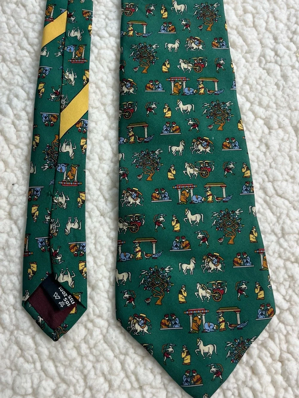 Salvatore Ferragamo Human History Silk Tie Green Novelty Horse Chariot Italy